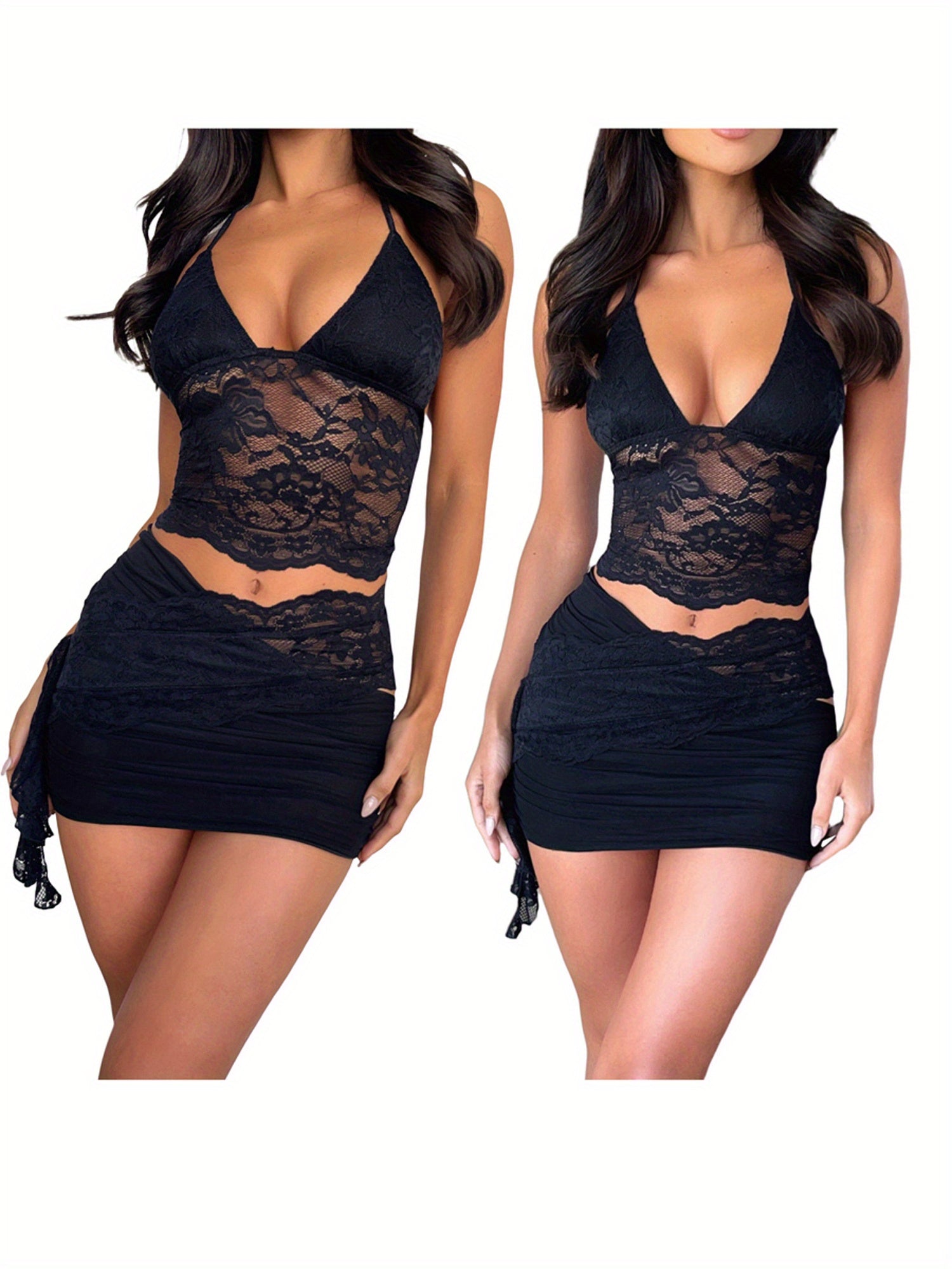 Women'S Summer Skirt 2pcs Suit, Sheer Lace Flower Halter Cami Tops + Asymmetric Ruched Mini Short Skirt Outfits